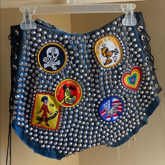 High Waisted Studded Out Patched Denim Shorts - Picture 3 of 3